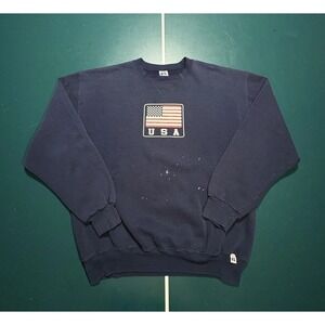 Vintage 90s Russell Athletic Crewneck Sweatshirt USA‎ Flag Men's XL Faded Navy
